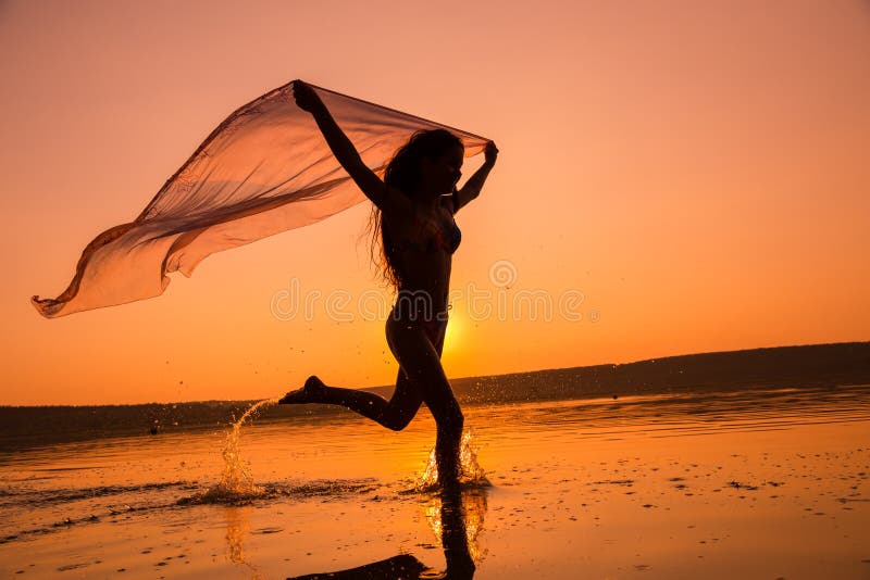 Silhouet die van meisje op het strand lopen stock afbeelding Silhouet die van meisje op het strand lopen stock afbeelding