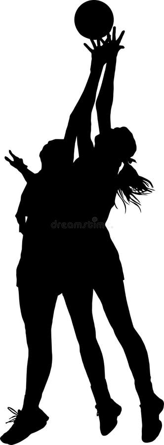 Silhouet van de spelers die van het meisjesnetball voor bal concurreren stock illustratie Silhouet van de spelers die van het meisjesnetball voor bal concurreren stock illustratie