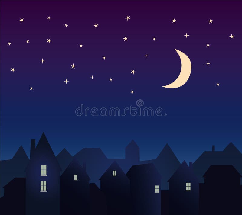 Silhouet van de stad en de nachthemel met sterren