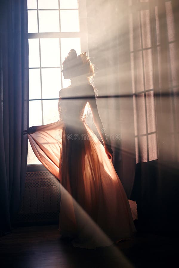 Silhouet van een geheimzinnige feevrouw op de achtergrond van het venster in het zonlicht Meisje in het zonlicht van de vroege oc royalty-vrije stock afbeelding Silhouet van een geheimzinnige feevrouw op de achtergrond van het venster in het zonlicht Meisje in het zonlicht van de vroege oc royalty-vrije stock afbeelding
