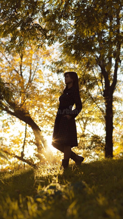 Silhouet van een jonge vrouw die op heuvel bij zonsondergang stijgen, cijfermeisje in het de herfstlandschap in een kleding, het royalty-vrije stock afbeelding Silhouet van een jonge vrouw die op heuvel bij zonsondergang stijgen, cijfermeisje in het de herfstlandschap in een kleding, het royalty-vrije stock afbeelding