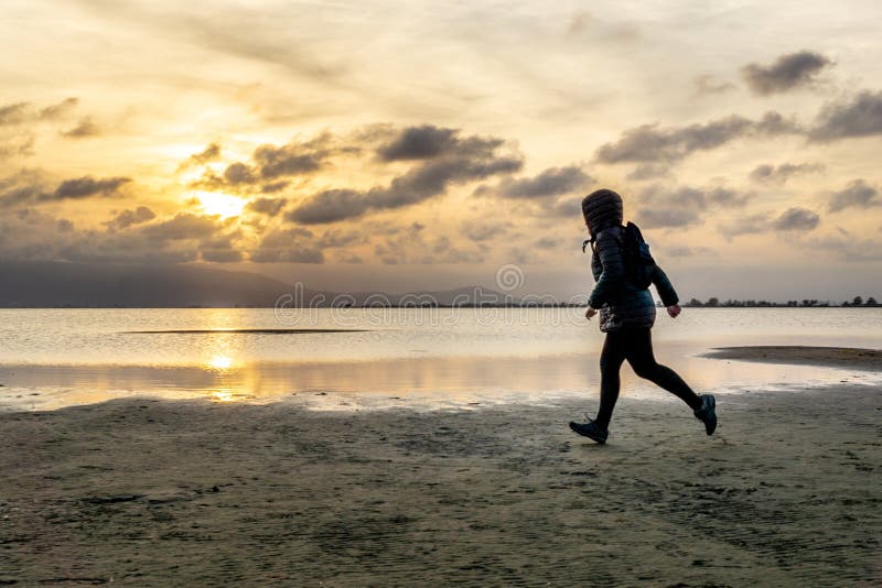 Silhouet van een onherkenbare vrouw die op het strand bij zonsondergang lopen royalty-vrije stock afbeeldingen Silhouet van een onherkenbare vrouw die op het strand bij zonsondergang lopen royalty-vrije stock afbeeldingen