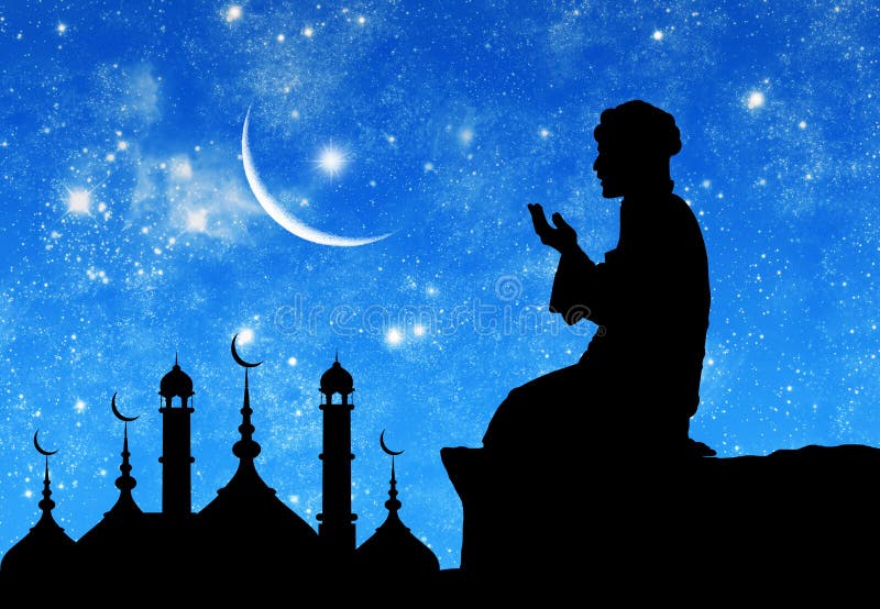 ?oncept of the Islamic religion. Silhouette of the town hall and praying men on the background of the starry sky and the moon. ?oncept of the Islamic religion. Silhouette of the town hall and praying men on the background of the starry sky and the moon