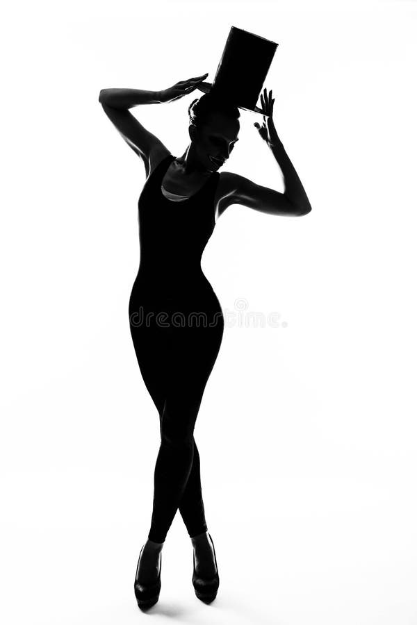 Silhouet van modieus meisje met cilinder stock afbeelding Silhouet van modieus meisje met cilinder stock afbeelding