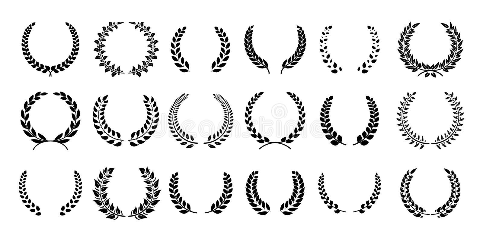 Silhouetlauwerkrans Griekse olijftak, de emblemen van de kampioenstoekenning, bladeren om prijzensymbolen Vector zwarte laurels Silhouetlauwerkrans Griekse olijftak, de emblemen van de kampioenstoekenning, bladeren om prijzensymbolen Vector zwarte laurels