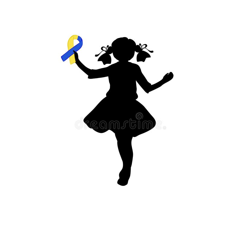 Silhouetmeisje met geel blauw lint Wereld onderaan Syndroomdag royalty-vrije illustratie Silhouetmeisje met geel blauw lint Wereld onderaan Syndroomdag royalty-vrije illustratie