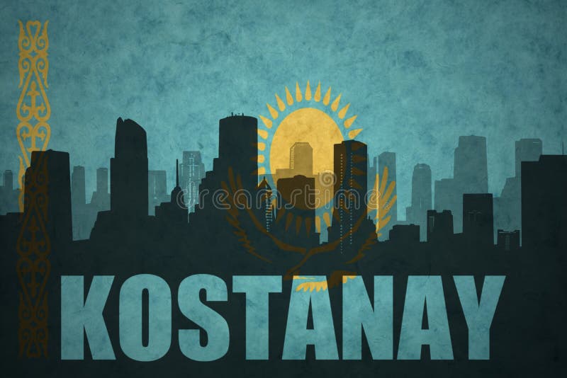 Abstract silhouette of the city with text Kostanay at the vintage kazakhstan flag background. Abstract silhouette of the city with text Kostanay at the vintage kazakhstan flag background