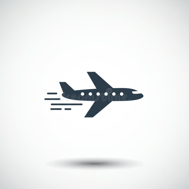 Silhouette of an airplane icon in a side view, depicted in a dark, solid color. The plane stock illustration