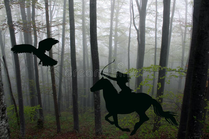 Silhouette of an amazon warrior woman riding a horse with bow an
