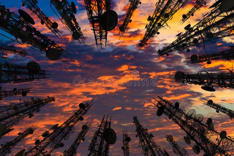 Silhouette of the antenna of cellular cell phone and communication system tower with Beautiful sunset sky, color dark. Tone, Telecommunication tower perspective stock photography Silhouette of the antenna of cellular cell phone and communication system tower with Beautiful sunset sky, color dark. Tone, Telecommunication tower perspective stock photography