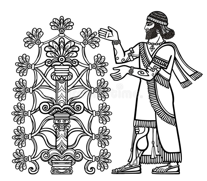 The silhouette of Assyrian deity collects fruits from a fantastic tree.