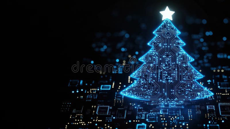 Silhouette astratta di natale. progettazione luminosa di circuiti blu. concetto tecnologico moderno. festività digitale. futuristi illustrazione di stock