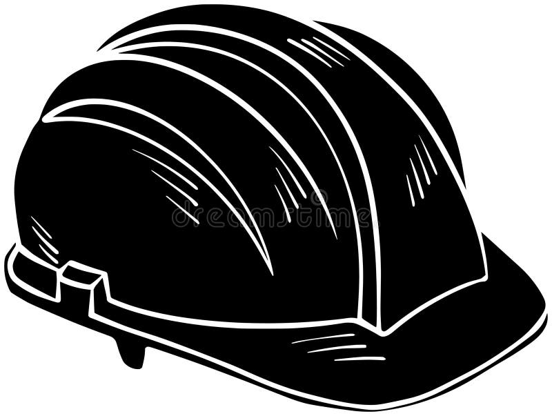 Silhouette aus schwarzem Helm oder flache Sicherheitsabbildungen für den technischen Logografen für Arbeiter mit Bergwerkssymbol u stock abbildung