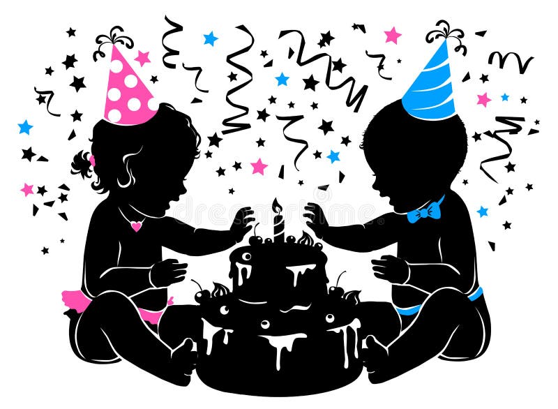 Silhouette baby boy girl twins with birthday cake with candle