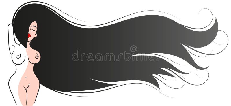 Silhouette of beautiful nude woman vector illustration. Fashion girl with long hair isolated. Beauty stock illustration