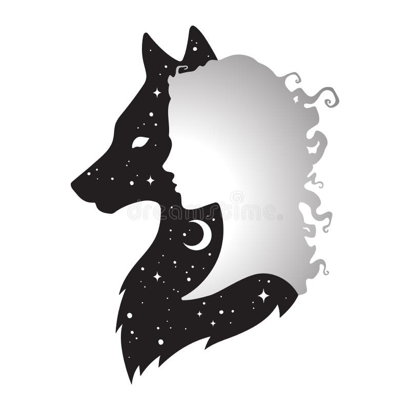 Silhouette of Beautiful Woman with Shadow of Wolf with Crescent Moon and Stars Isolated. Sticker, Print or Tattoo Design Vector Il Stock Vector - Illustration of blackwork, black: 102043622