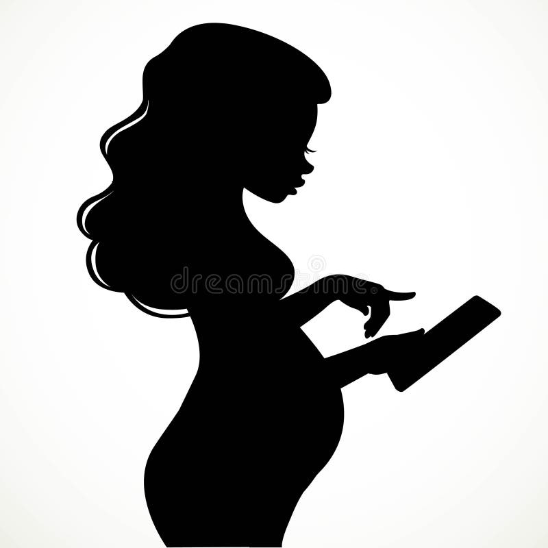 Silhouette of beautiful young pregnant woman uses an electronic tablet vector illustration