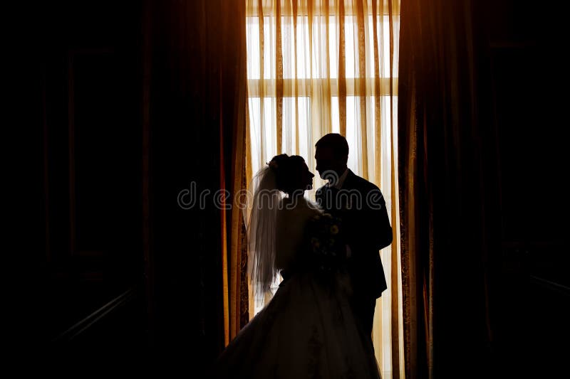 Silhouette of a bride and groom on the background of a window wi stock images Silhouette of a bride and groom on the background of a window wi stock images