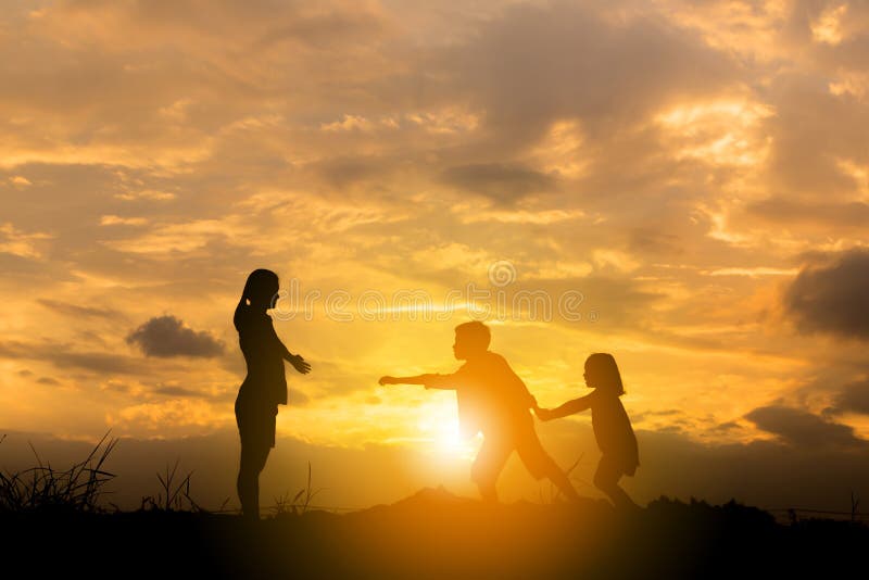 Silhouette of Brother and Sister Ran To Mother at Sunset Background, Happy  Mother and Child Concept Stock Image - Image of little, beach: 180344891