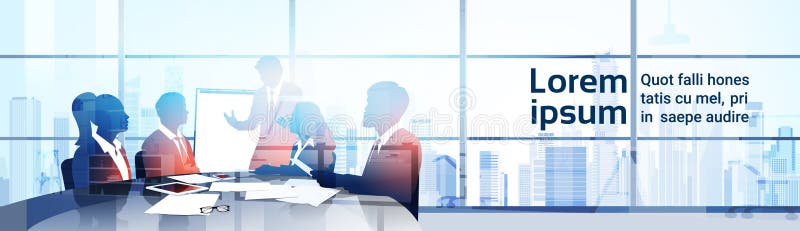 Silhouette Business People Team With Flip Chart Seminar Training Conference Brainstorming Presentation In Modern Office stock illustration