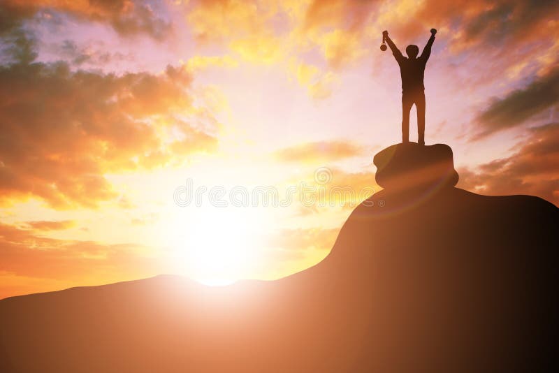 Silhouette business people victory raising hands and holding gold medal with sunset sky on mountain. Motivation and success royalty free stock photos Silhouette business people victory raising hands and holding gold medal with sunset sky on mountain. Motivation and success royalty free stock photos