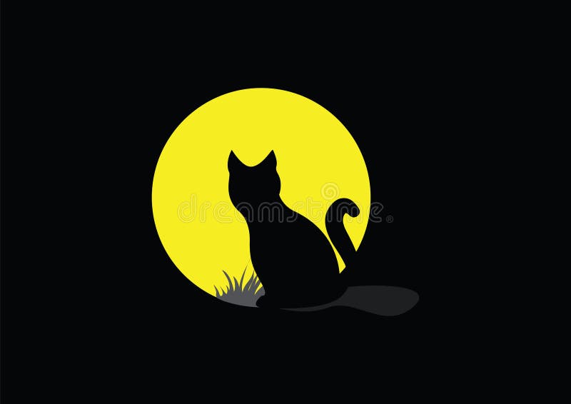 Silhouette of a cat on a background of the full moon. Grass night sky background vectors