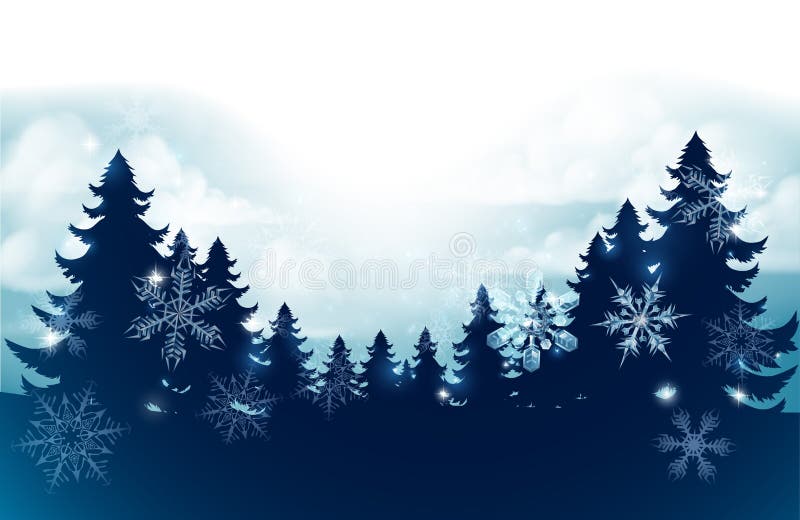 Silhouette Christmas evergreen trees against a winter sky scene with snow falling and snowflakes footer background. Silhouette Christmas evergreen trees against a winter sky scene with snow falling and snowflakes footer background