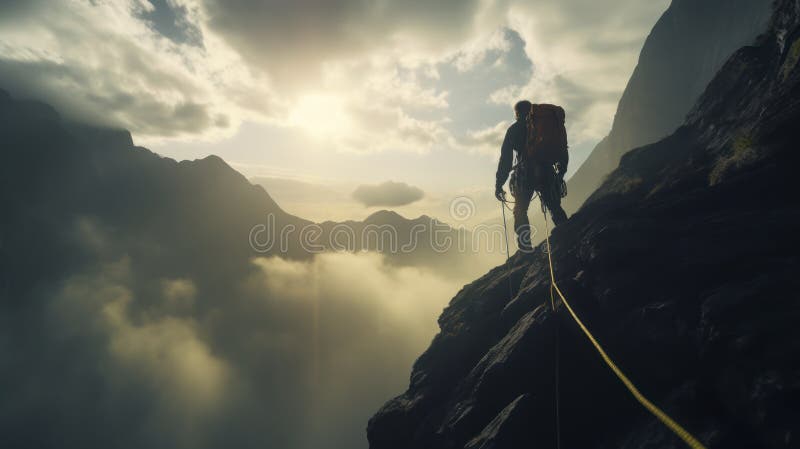 Silhouette Climber Conquering Cloud-Covered Mountain in Extreme Sports Adventure. Generative AI royalty free illustration