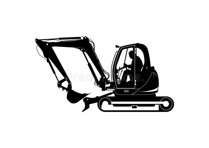 Silhouette of Compact Excavator with Driver. Stock Vector