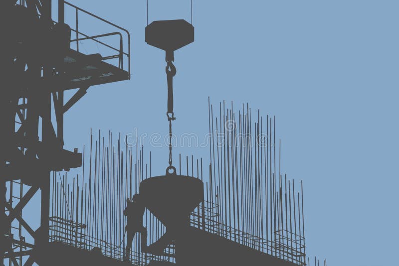Silhouette of Concrete Pourer Suspended from Construction Crane with Worker Handling the Operation royalty free stock photos