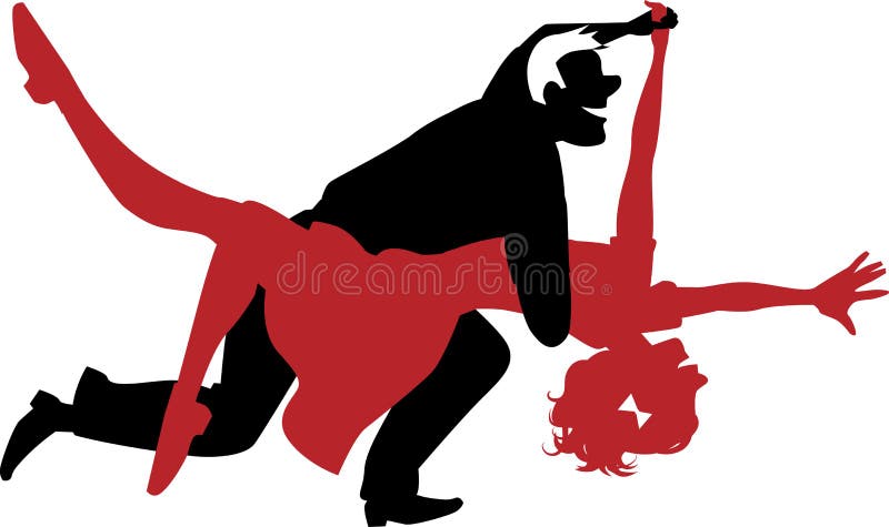 Vector silhouette of a couple dancing swing or rock and roll in red and black, no white objects, ESP 8. Vector silhouette of a couple dancing swing or rock and roll in red and black, no white objects, ESP 8