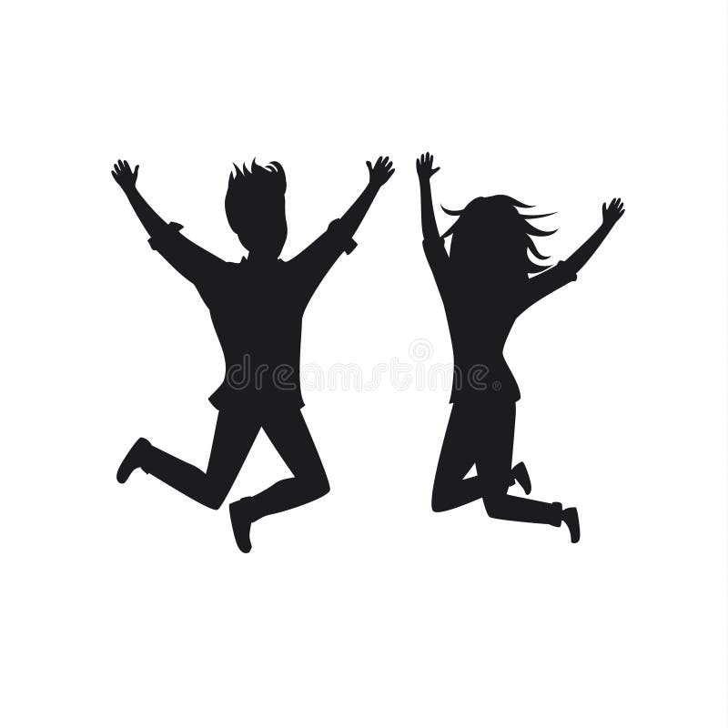 Silhouette of couple man and woman jumping for joy