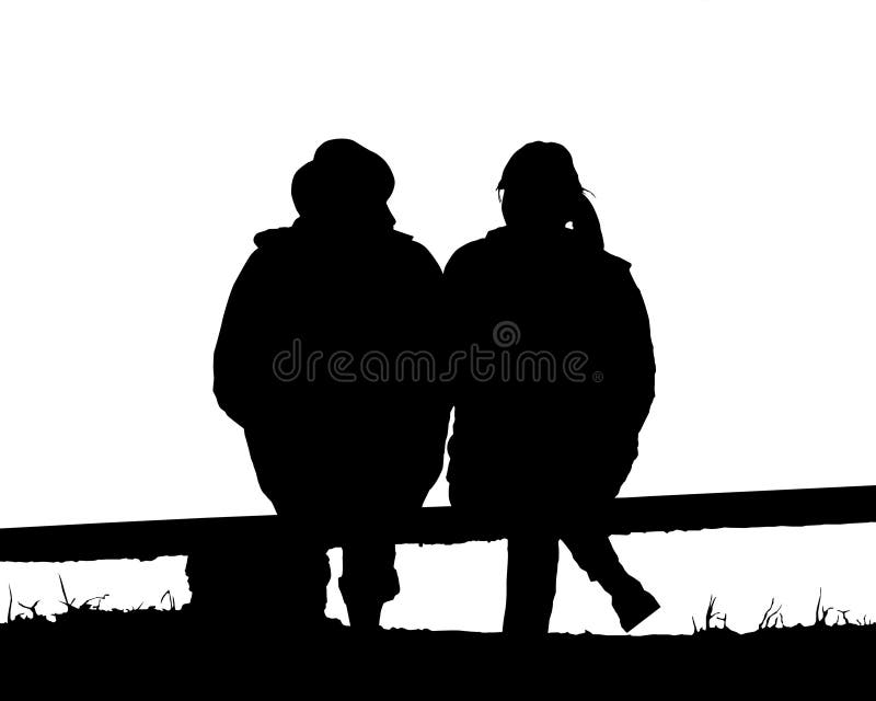 Silhouette couple love sitting on bench