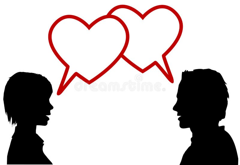 Silhouette couple talk love hearts