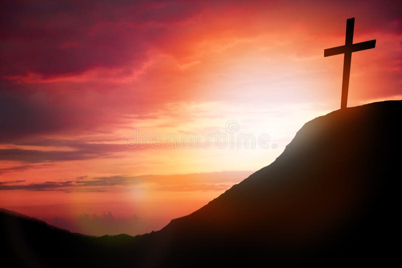 Silhouette cross on Calvary mountain sunset background. Easter concept