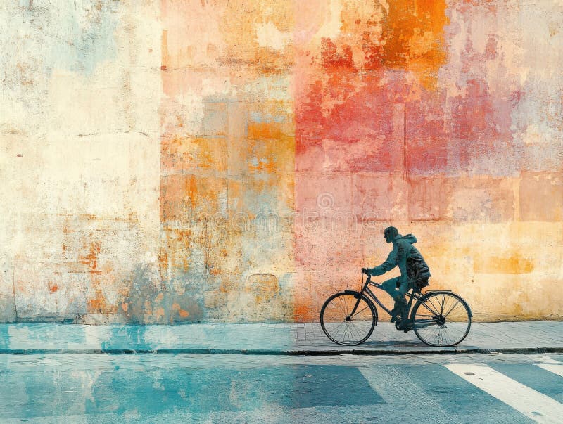 Silhouette Cyclist Ricycle Przeciwko Kolorowej Ścianie Teksturowej royalty ilustracja