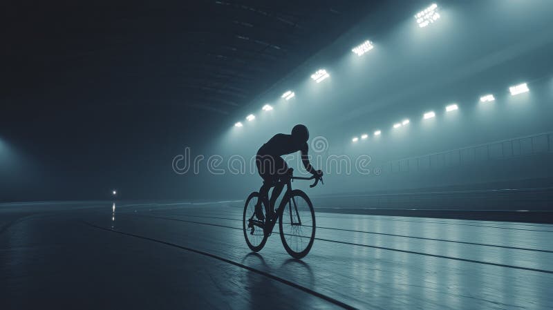 Silhouette Cyclist on Wet Road in Dimly Lit Tunnel ilustracji