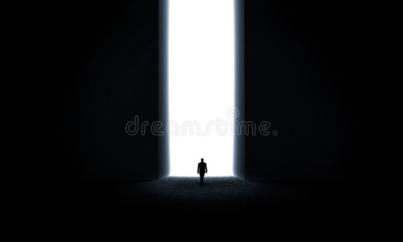 Silhouette d'homme d'affaires se tenant devant la porte d'?clairage 3d rendent illustration stock Silhouette d'homme d'affaires se tenant devant la porte d'?clairage 3d rendent illustration stock