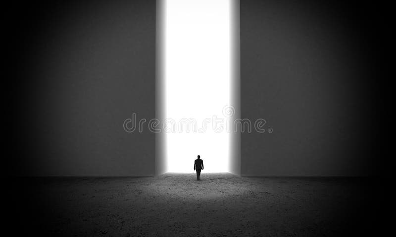 Silhouette d'homme d'affaires se tenant devant la porte d'éclairage 3d illustration stock Silhouette d'homme d'affaires se tenant devant la porte d'éclairage 3d illustration stock