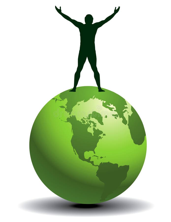 Illustrated silhouette of a man with upraised arms standing on a green globe. Copy space for text. Also available in vector format. Isolated against a white background. Illustrated silhouette of a man with upraised arms standing on a green globe. Copy space for text. Also available in vector format. Isolated against a white background.