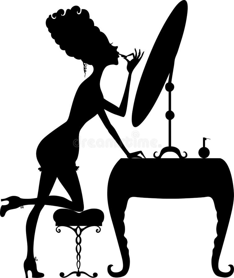 Silhouette d'une fille avec le rouge à lievres au miroir illustration de vecteur Silhouette d'une fille avec le rouge à lievres au miroir illustration de vecteur