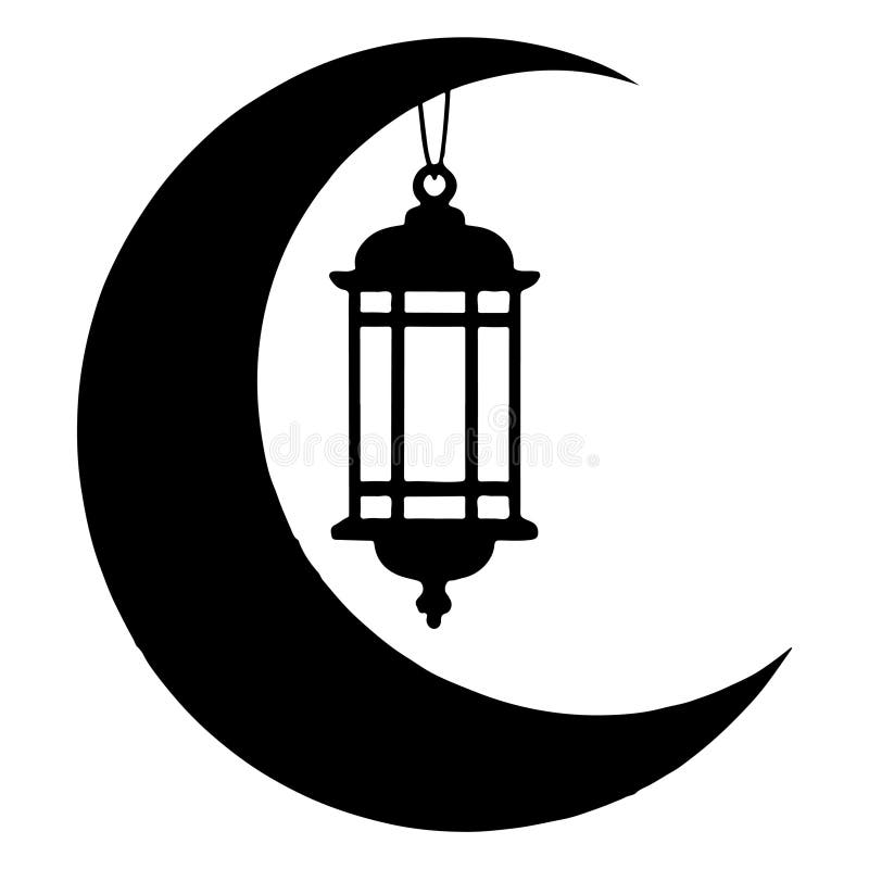 Silhouette d'une lune de croissant et d'une lanterne à pendre. illustration stock