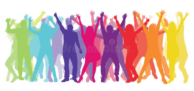 Silhouette of dancing and cheerful people. Colorful crowd. Vector illustration