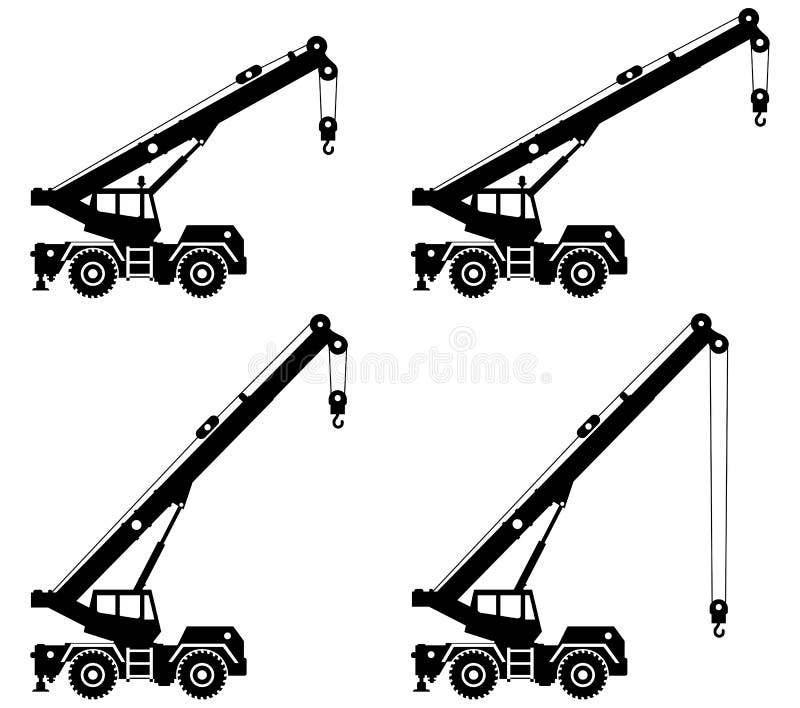 Silhouette de camion de grue de bâtiment avec la position différente de boom Équipement et machines spéciaux lourds construction illustration stock Silhouette de camion de grue de bâtiment avec la position différente de boom Équipement et machines spéciaux lourds construction illustration stock