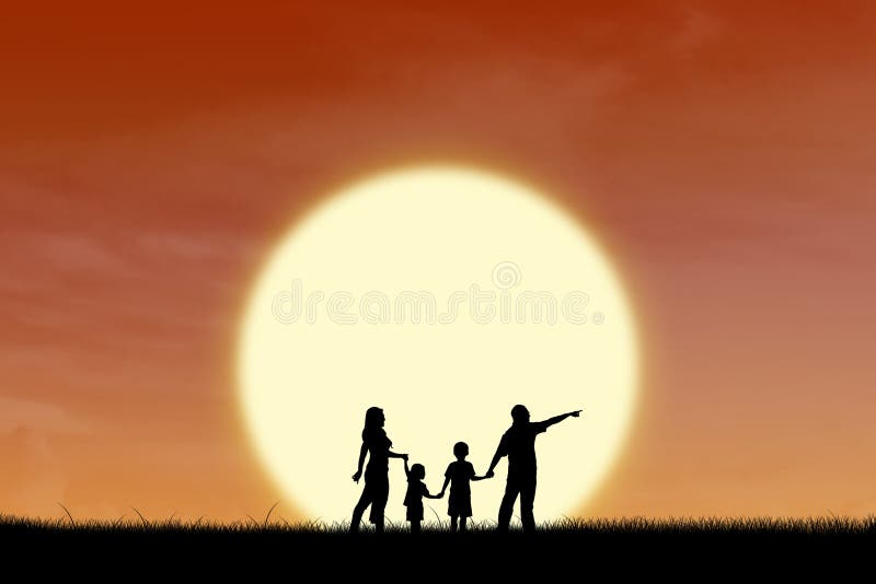Famille heureuse sur la silhouette de coucher du soleil illustration stock Famille heureuse sur la silhouette de coucher du soleil illustration stock