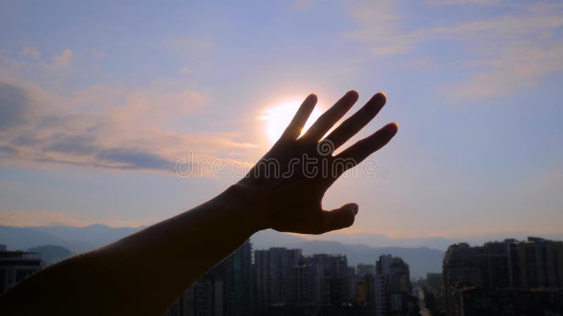 Silhouette de femme agite main contre le coucher du soleil lever ciel banque de vidéos