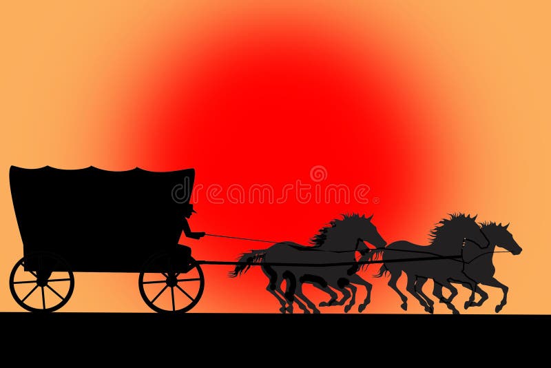 Silhouette de fourgon avec les chevaux et le cowboy illustration libre de droits Silhouette de fourgon avec les chevaux et le cowboy illustration libre de droits