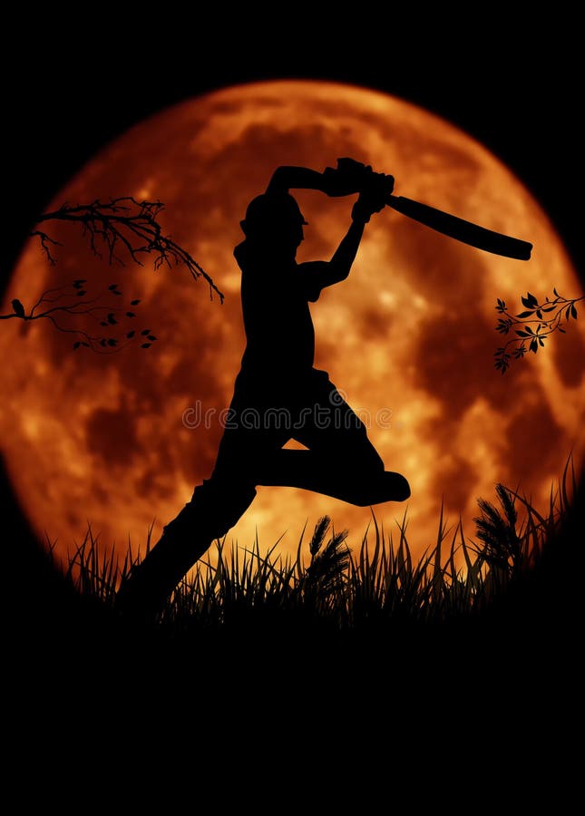 Silhouette de joueur de cricket, batteur avec le MOO orange illustration libre de droits Silhouette de joueur de cricket, batteur avec le MOO orange illustration libre de droits