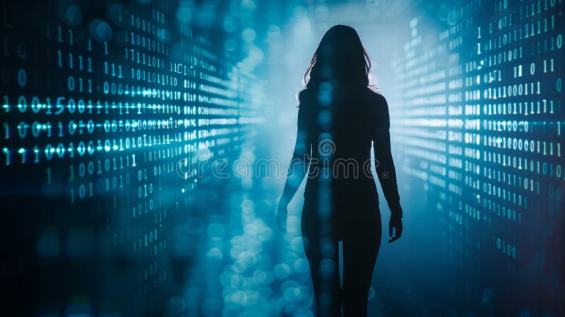 Silhouette de l'agent femelle sur fond binaire dissimuler les cybermenaces générées illustration de vecteur