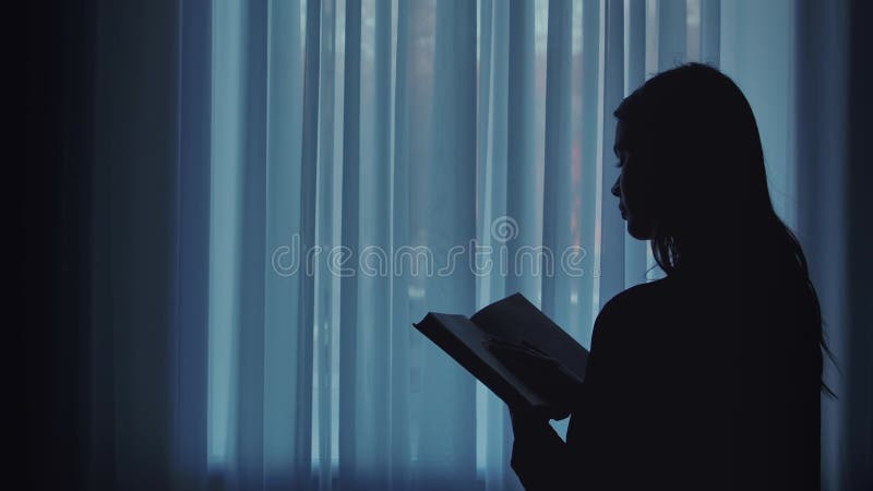 Silhouette de personne lisant un livre par la fenêtre banque de vidéos